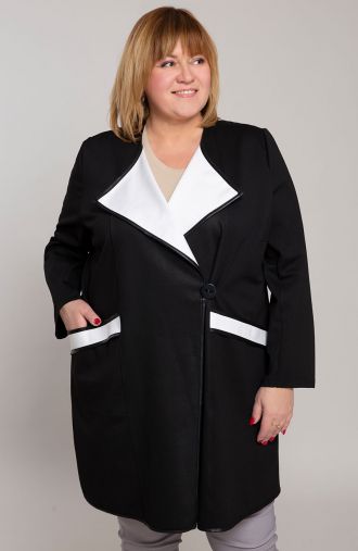 Ľahký čierny kabát s bielymi akcentmi