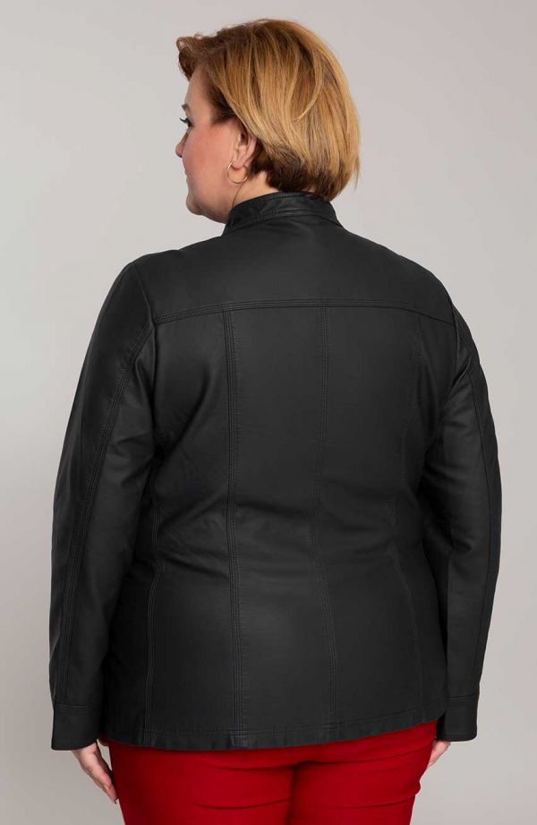 Čierna bunda z ekokože so stojatým golierom