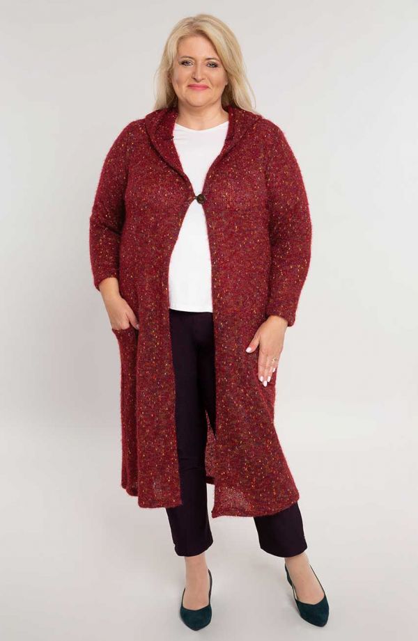 Dlhý sveter s kapucňou bordovej melanžovej farby