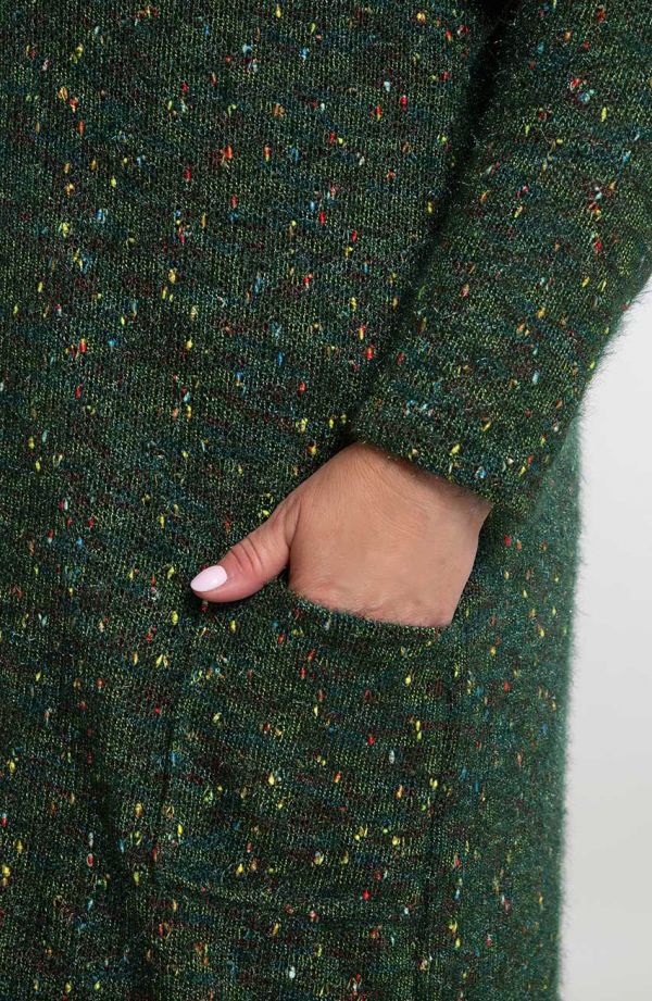Dlhý sveter s kapucňou zelený melanž