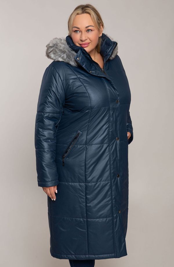 Tmavomodrá zateplená dlhá bunda s kapucňou
