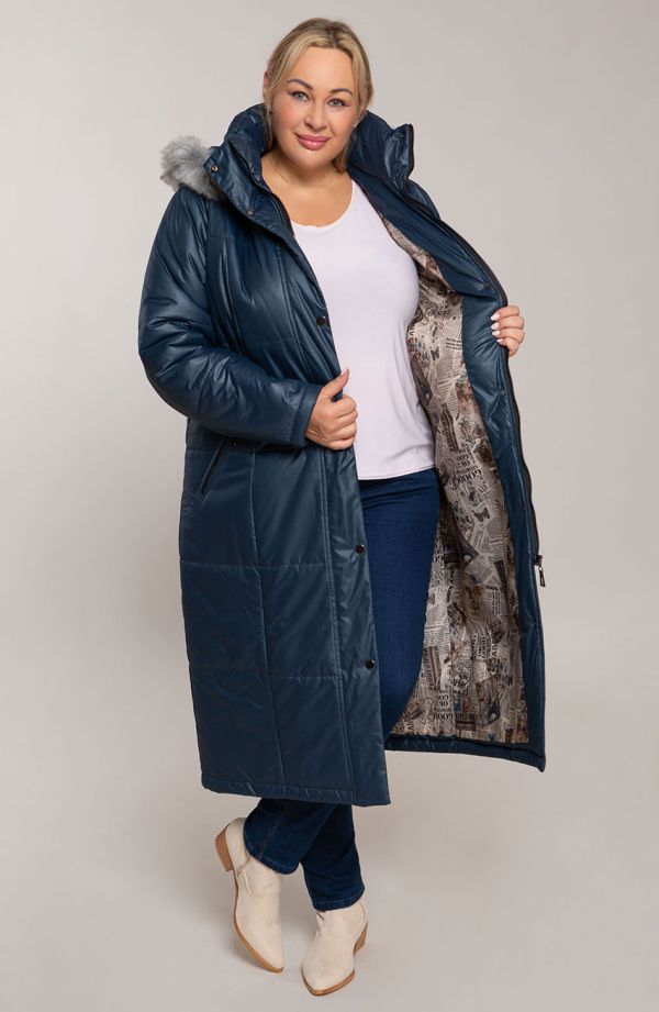 Tmavomodrá zateplená dlhá bunda s kapucňou