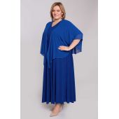 Dlhé rozšírené maxi šaty nevädzovo modré so šifónovou mantilou a výstrihom do V Módne veľké veľkosti