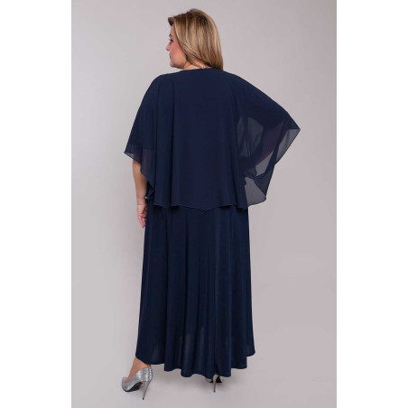 Dlhé tmavomodré rozšírené maxi šaty so šifónovou mantilou a výstrihom do V | Fashion Large Sizes