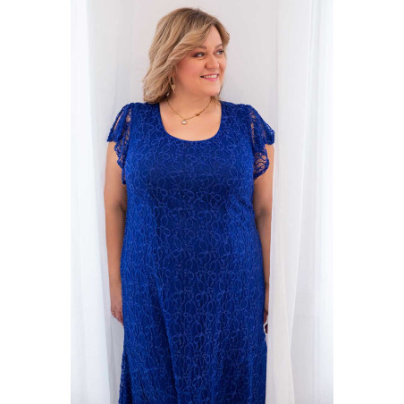Dlhé nevädzovo modré trapézové šaty s krátkym rukávom pre moletky | Módne veľké veľkosti