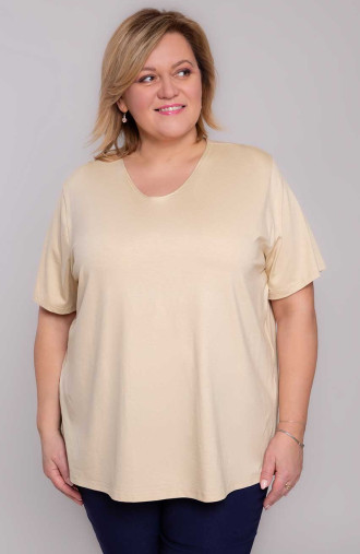 Béžové hladké dámske tričko s krátkym rukávom veľkosti plus | Módne veľké veľkosti