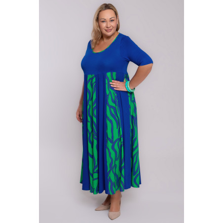 Dlhé nevädzovo modré šaty so zeleným vzorom
