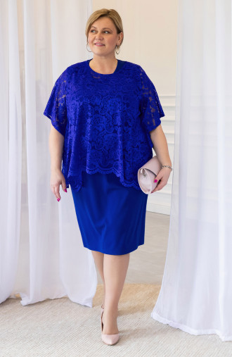 Nevädzovo modré dvojdielne spoločenské šaty s čipkovanou blúzkou pre moletky na svadbu | Módne veľké veľkosti