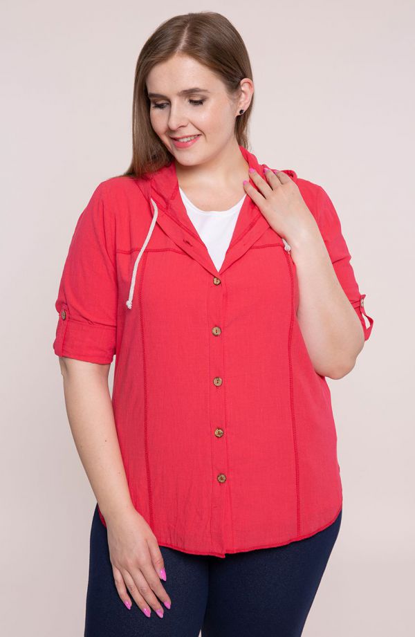 Czerwona bawełniana bluzka z kapturem - moda xxl