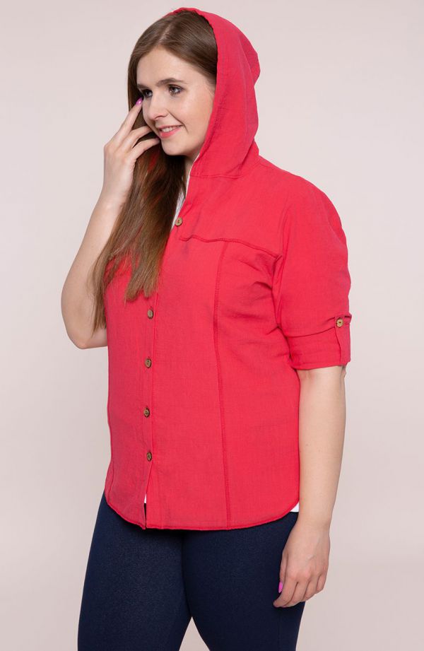Czerwona bawełniana bluzka z kapturem - moda xxl