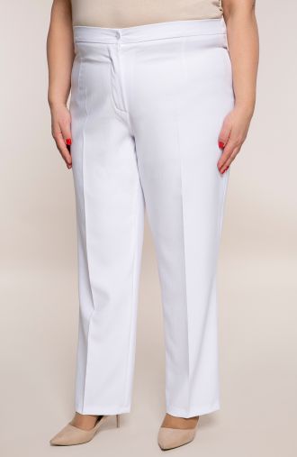 Lniane spodnie plus size dla puszystych w kant w białym kolorze