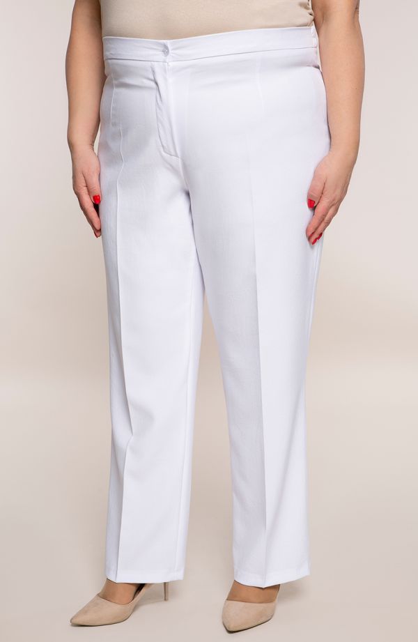 Lniane spodnie plus size dla puszystych w kant w białym kolorze