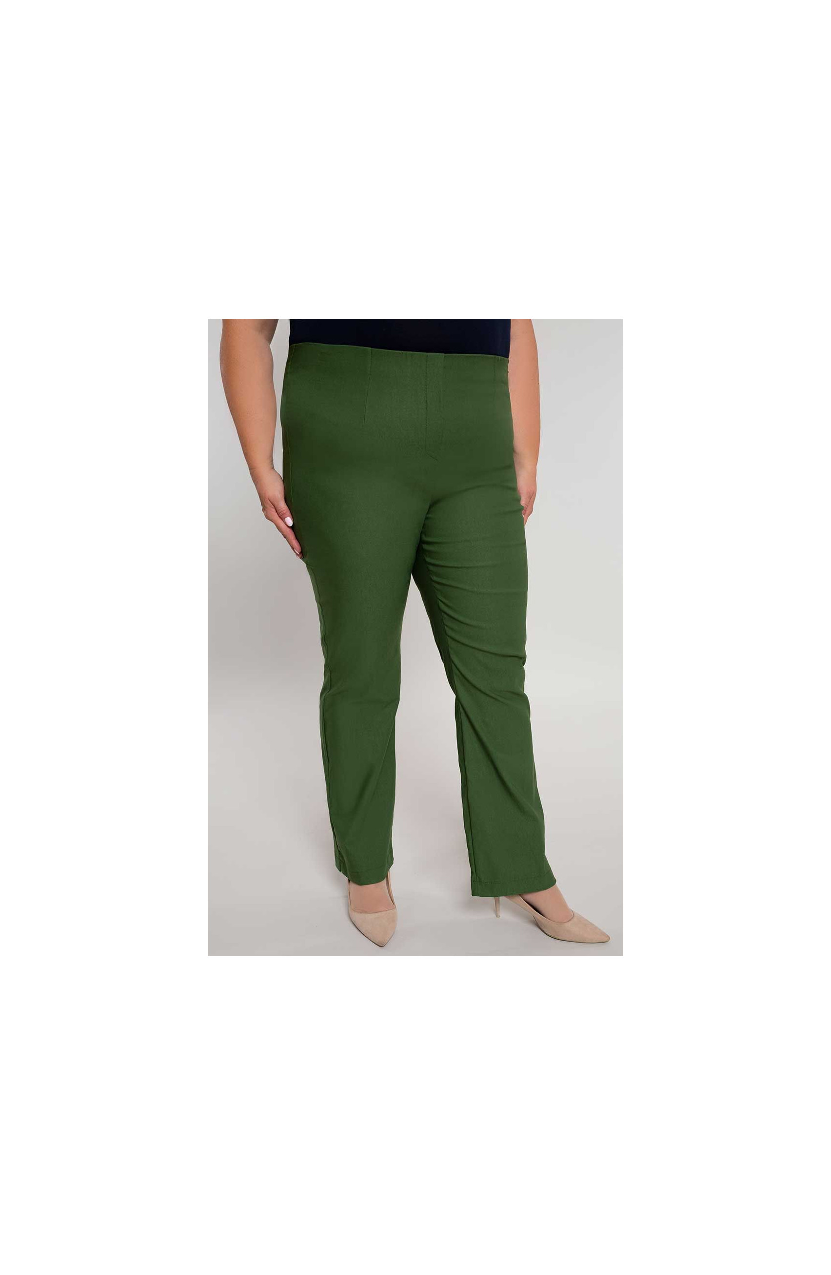 Dlhšie rovné nohavice v olivovo zelenej farbe